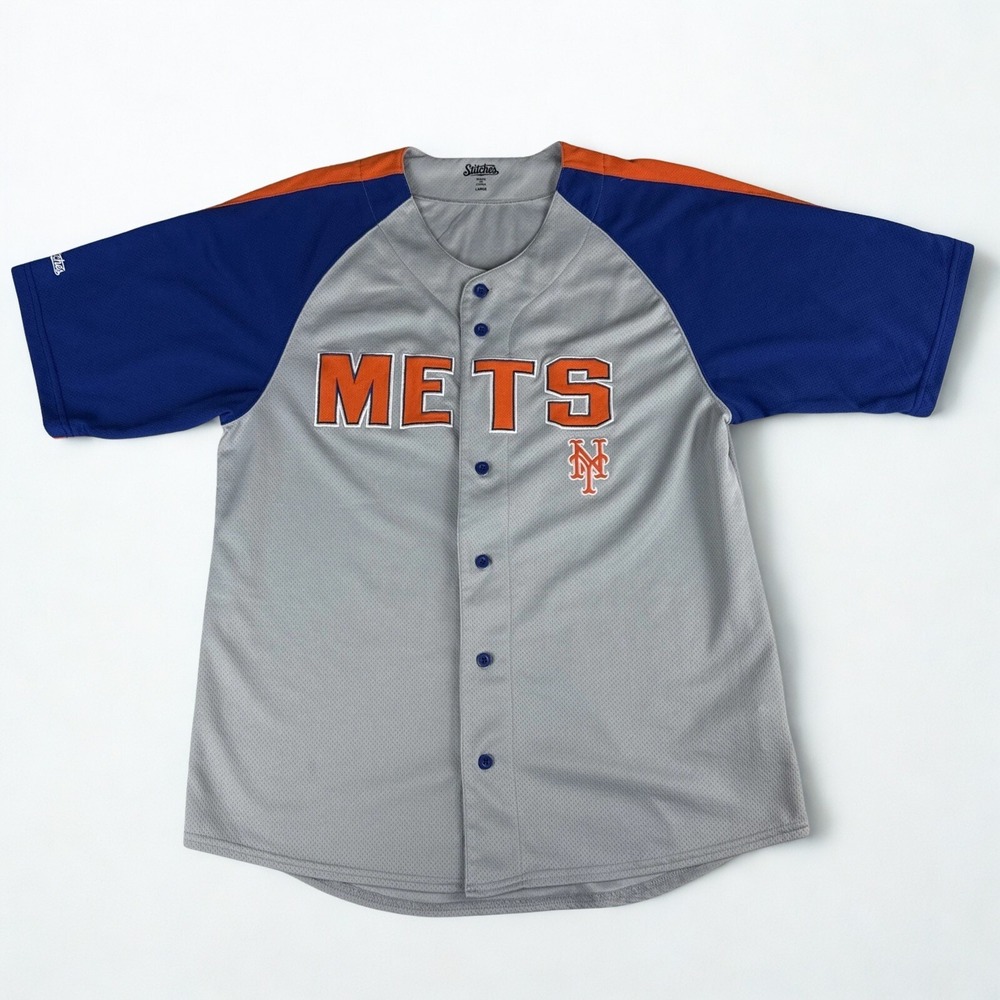 NY Mets Baseball Jersey Shirt Stitches Gray Blue Button Front MLB Fanwear Large